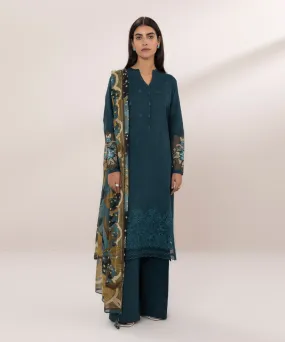 3 Piece - Embroidered Cotton Satin Suit