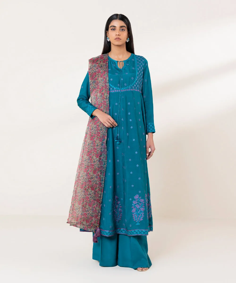 3 Piece - Embroidered Raw Silk Suit