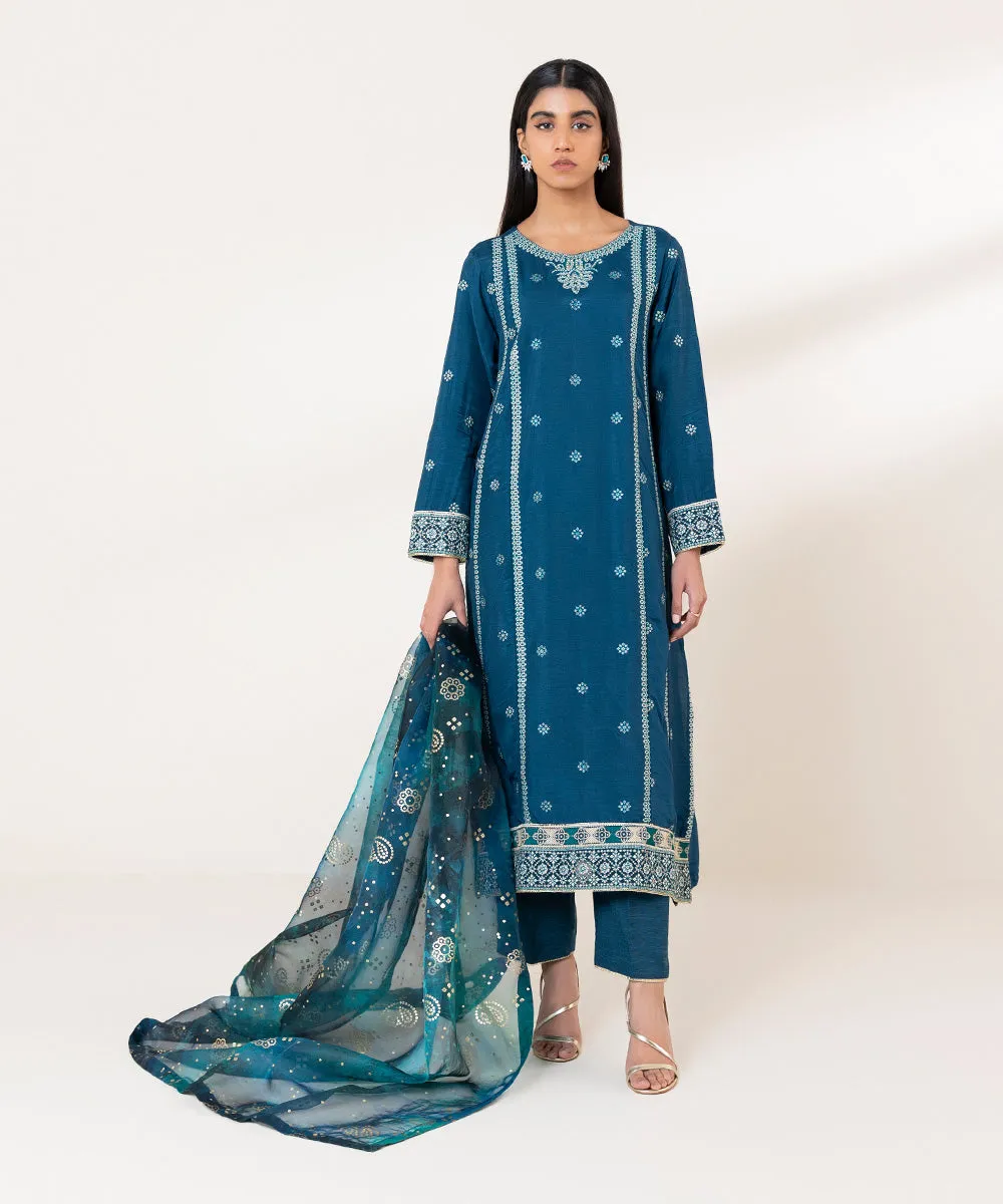 3 Piece - Embroidered Raw Silk Suit