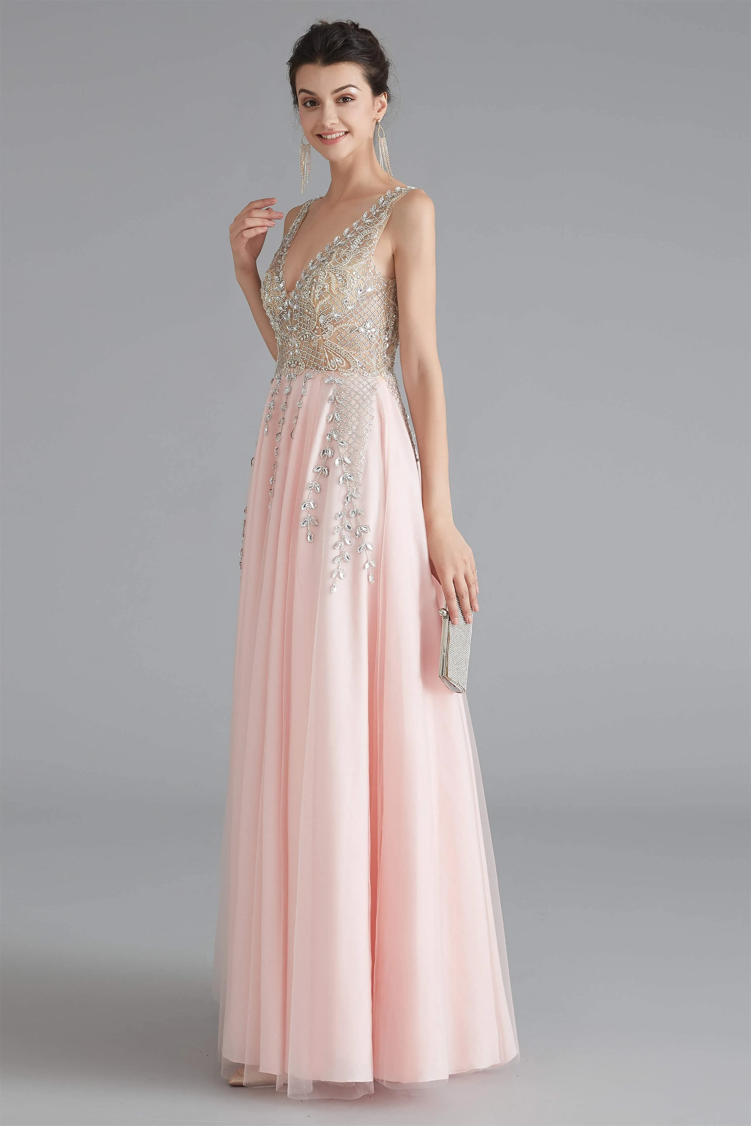 A Line Crystal Pink Split V Neck Backless Beaded Prom Dresses