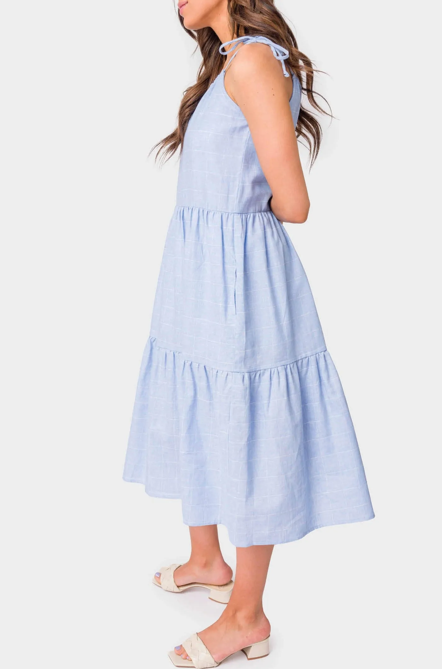 Adjustable Drawstring Tiered Midi Dress