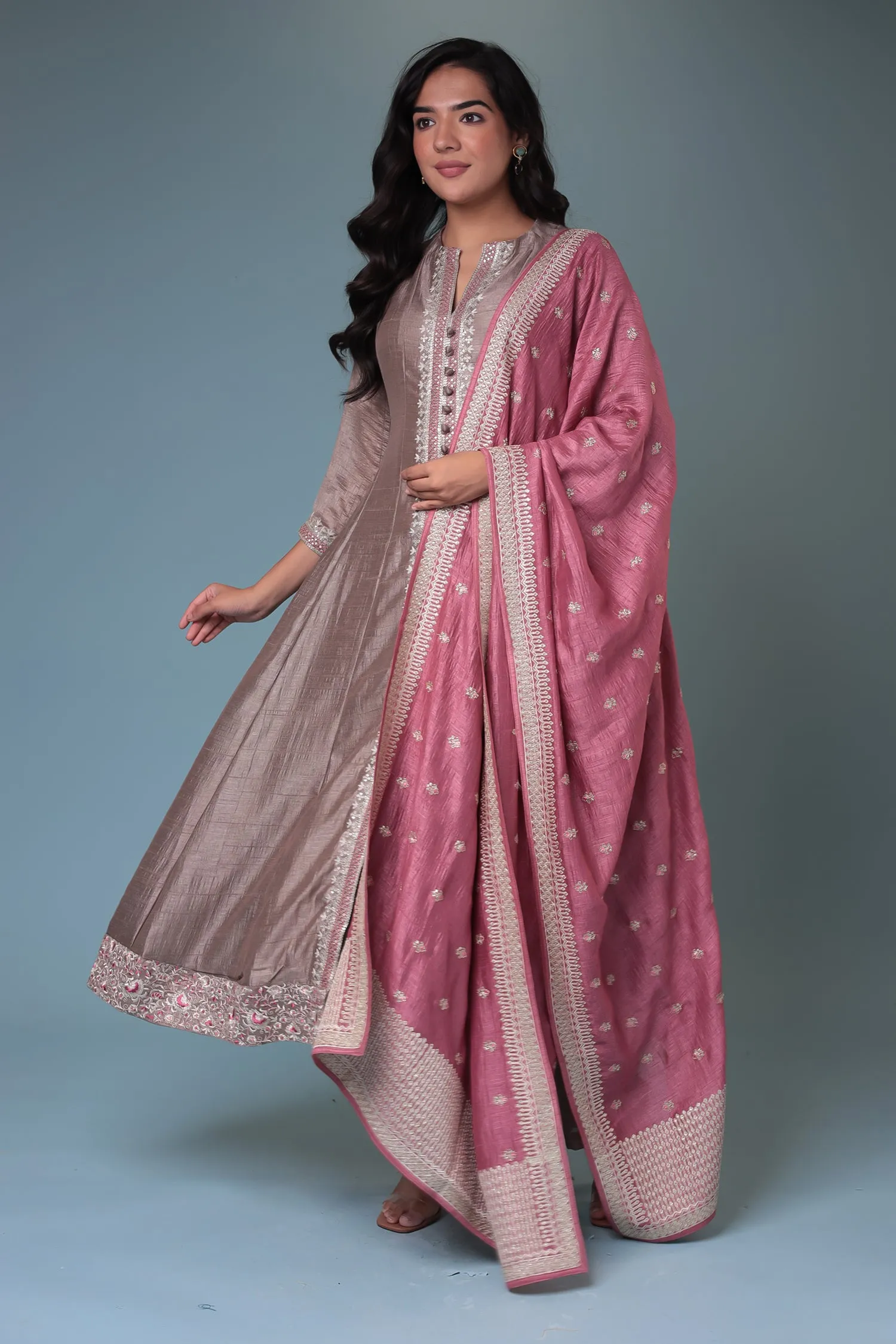 Anarkali Chinon Suit with Embroidered Dupatta