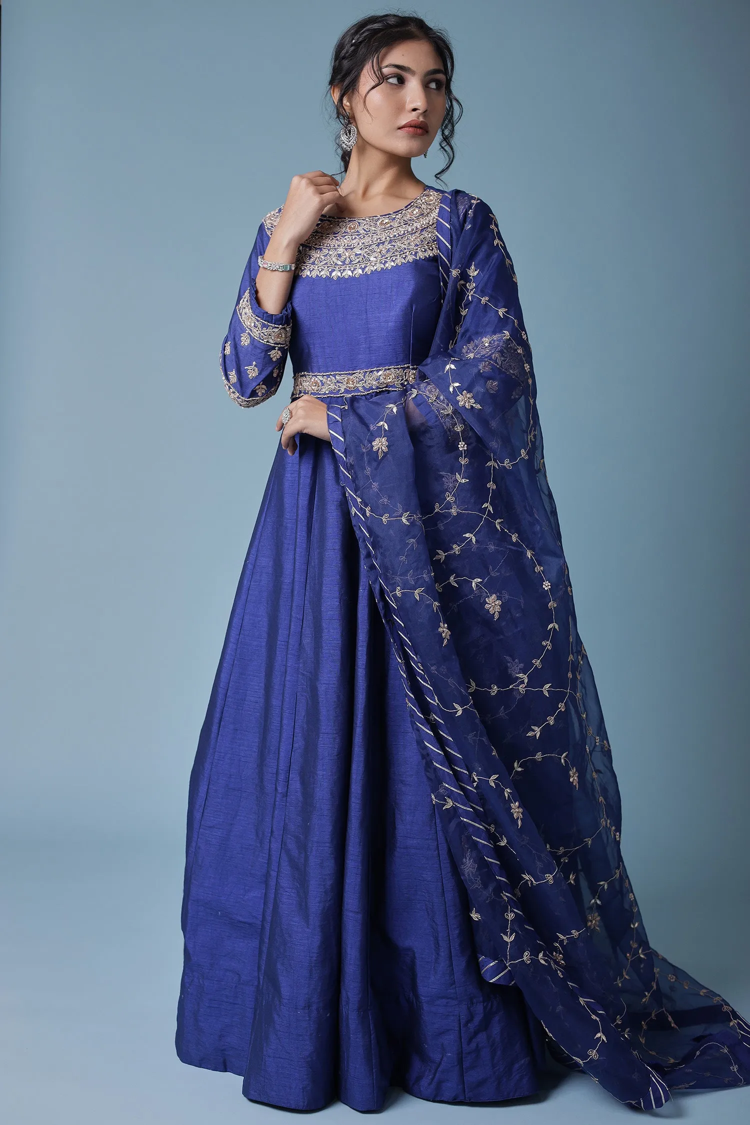 Anarkali Embellished Silk Suit with Embroidered Dupatta