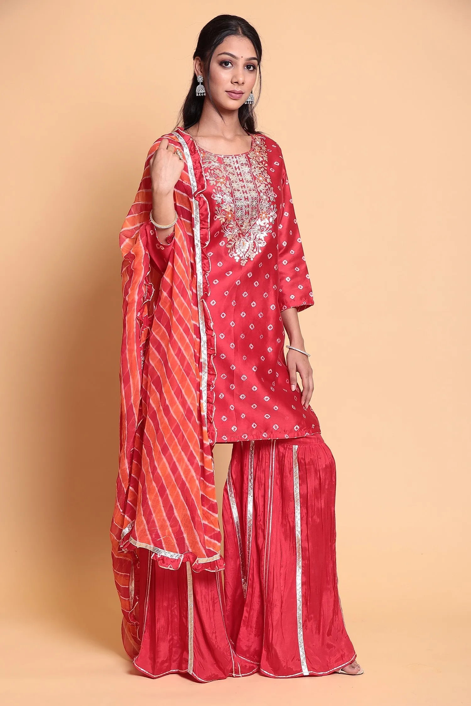 Bandhej Chanderi silk Suit Stitched with Gota Patti work.