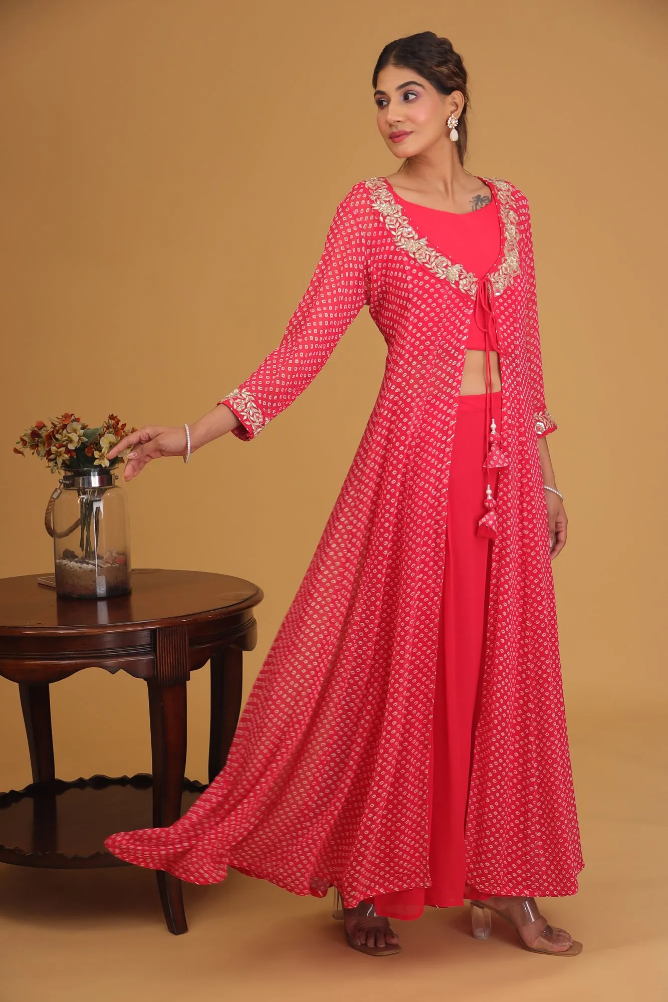 Bandhej Georgette Indowestern with Gota Patti work.