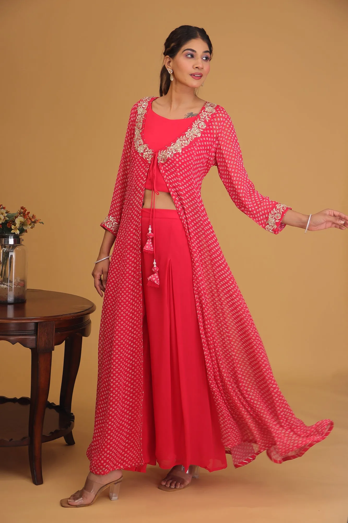 Bandhej Georgette Indowestern with Gota Patti work.