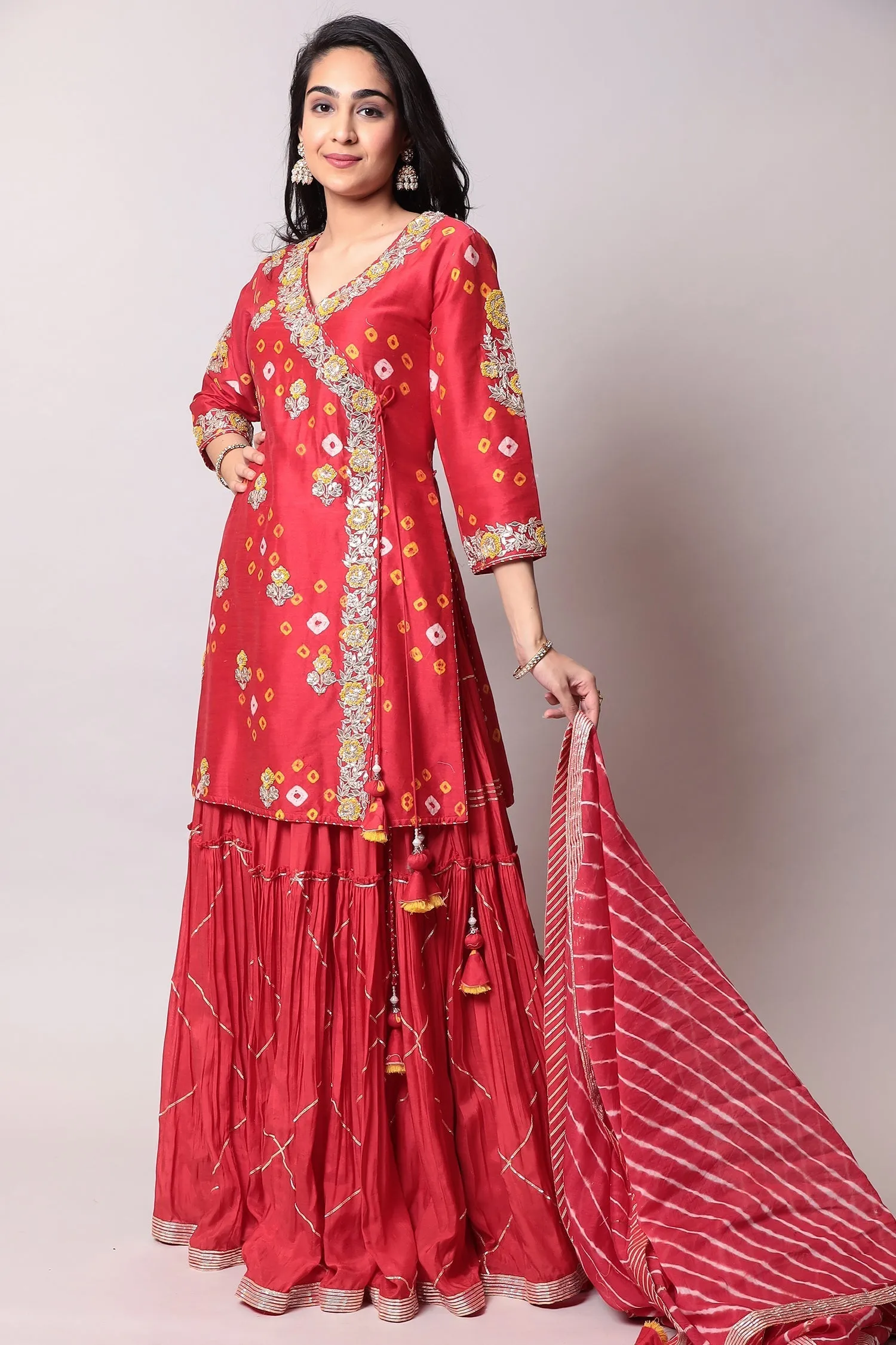 Bandhej Glace cotton Suit with Gota Patti, Thread work.