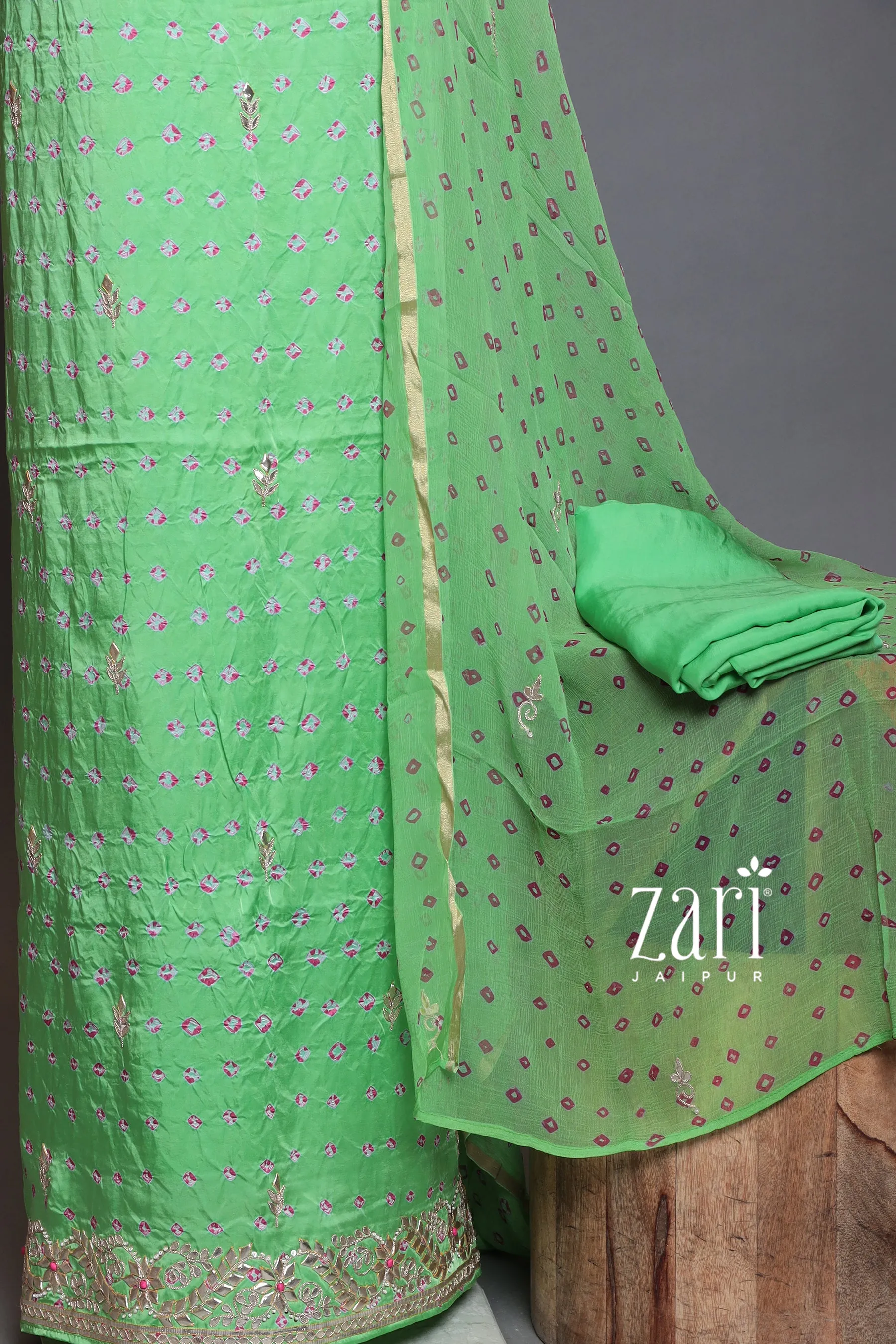 Bandhej Satin silk Unstitched Suit with Dori, Gota, Gota Patti, Pearl, Sequins work.