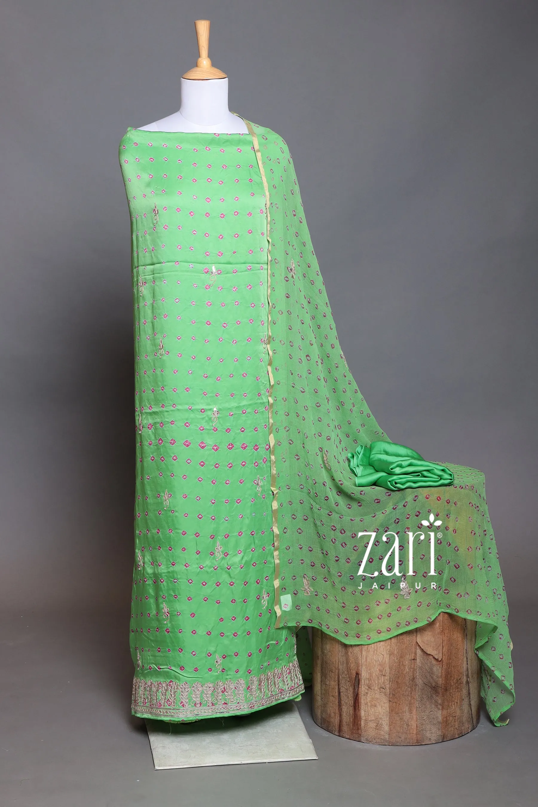 Bandhej Satin silk Unstitched Suit with Dori, Gota, Gota Patti, Pearl, Sequins work.