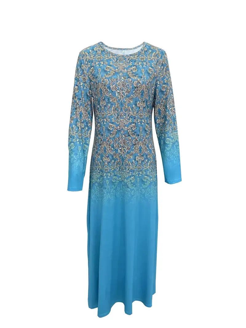 Baroque Floral Print Blue Long Sleeve Maxi Dress