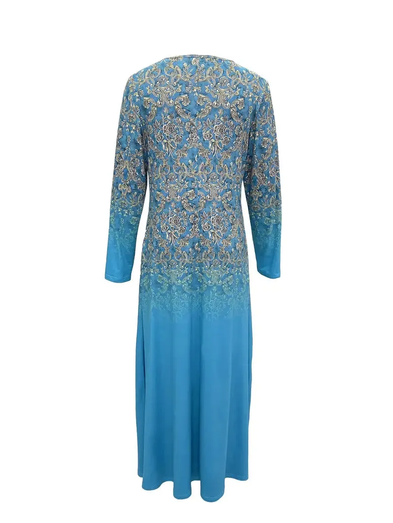 Baroque Floral Print Blue Long Sleeve Maxi Dress