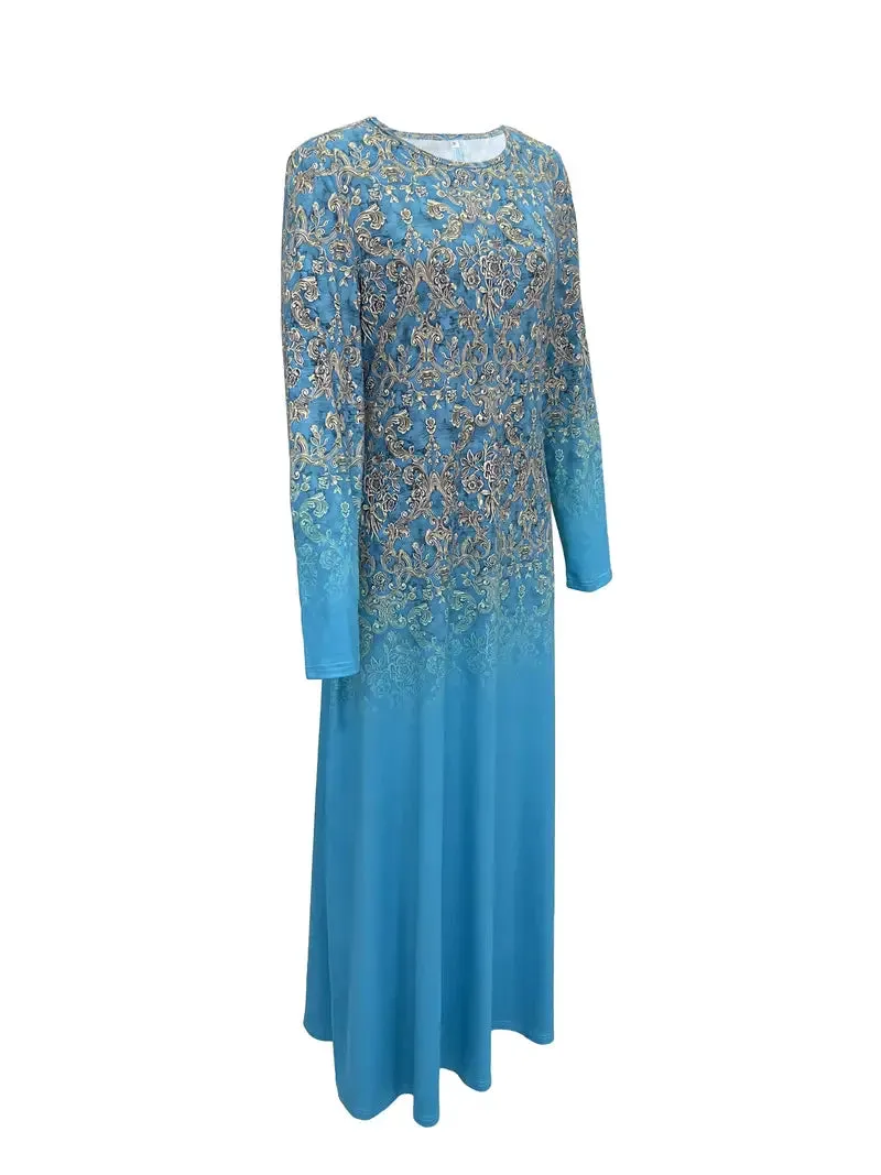 Baroque Floral Print Blue Long Sleeve Maxi Dress