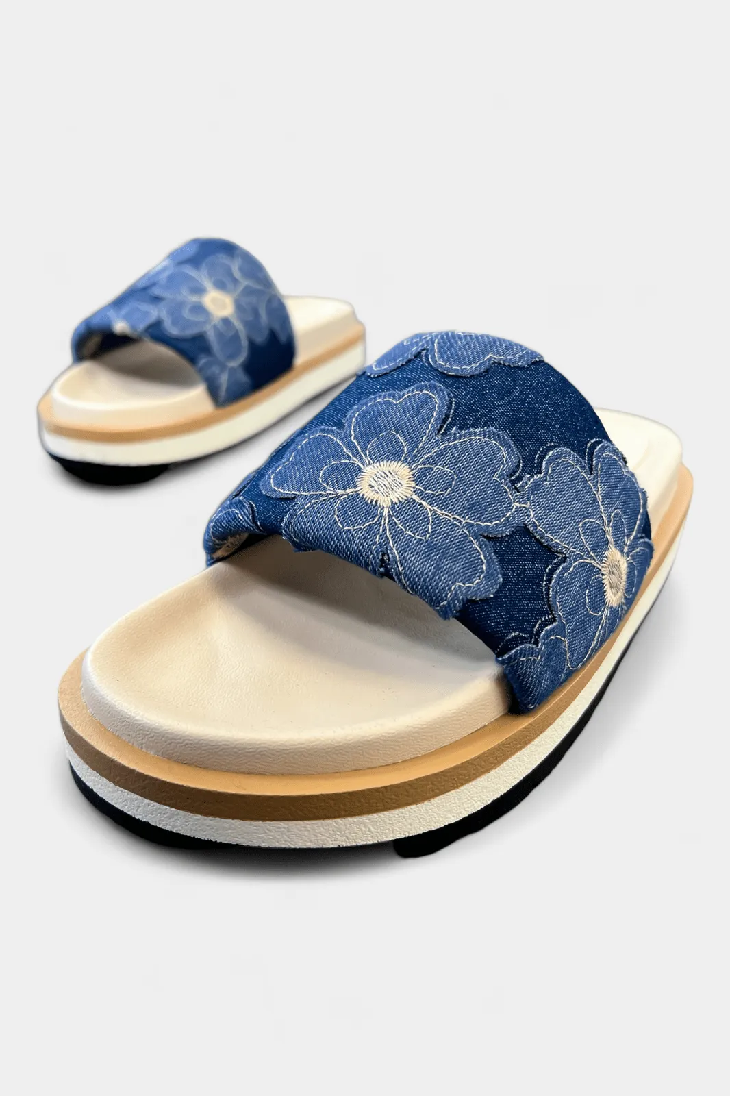 Blue Denim Slip On Platform Sandals