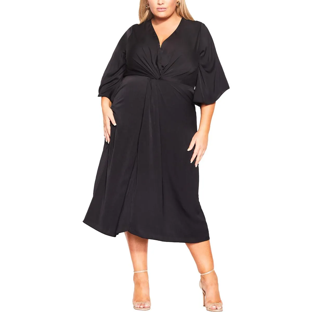 City Chic Womens Plus Flare Sleeve V-Neck Midi Dress