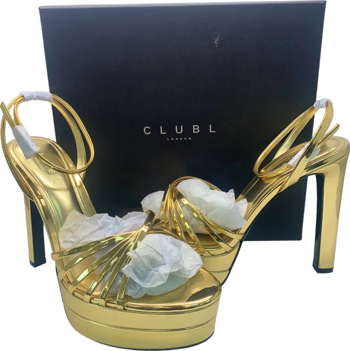 Club L Gold Mirror Strappy Heeled Platform Sandals UK Size 8