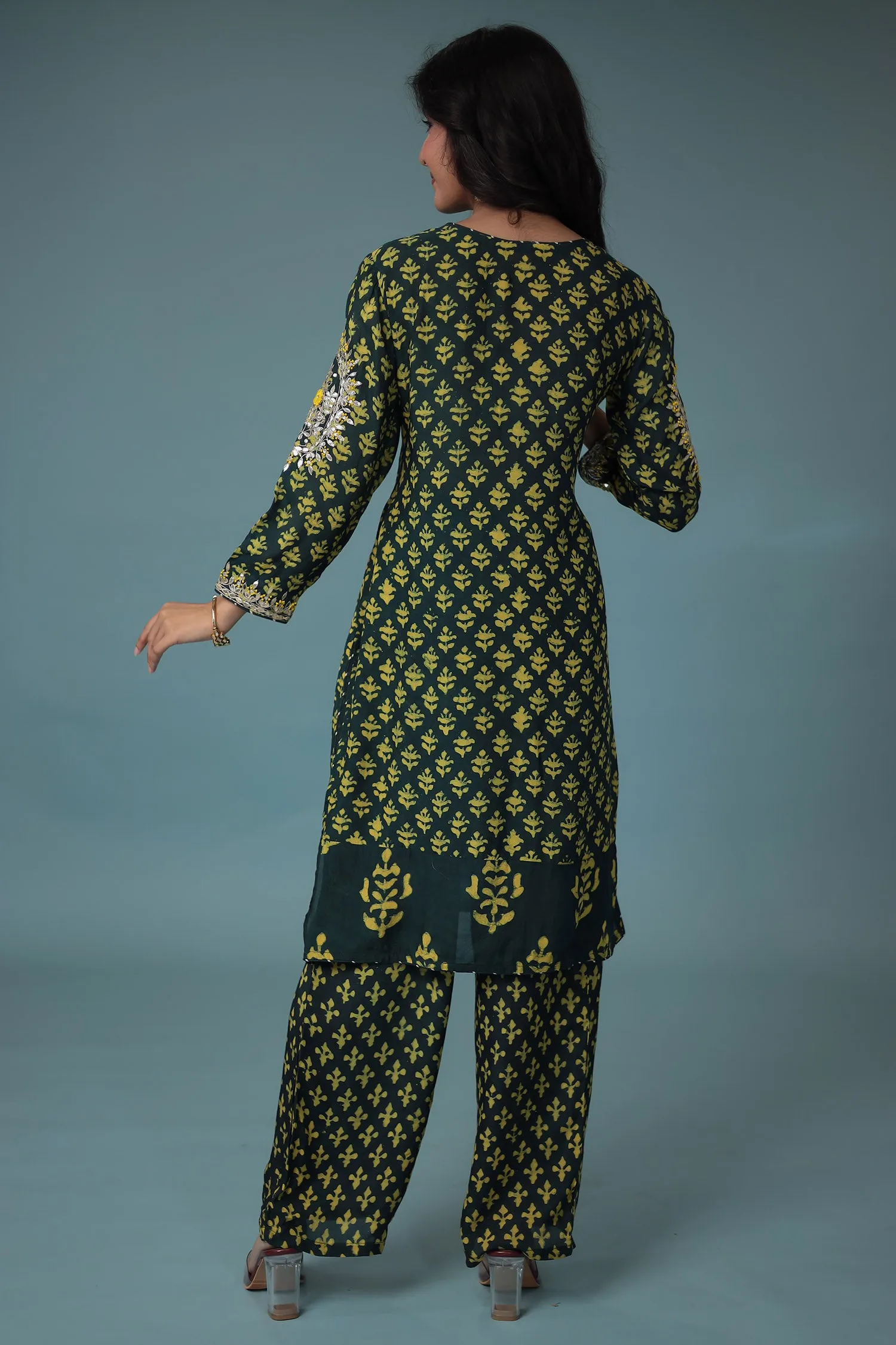 Cotton Silk Dabu Print Suit with Hand Aari work.