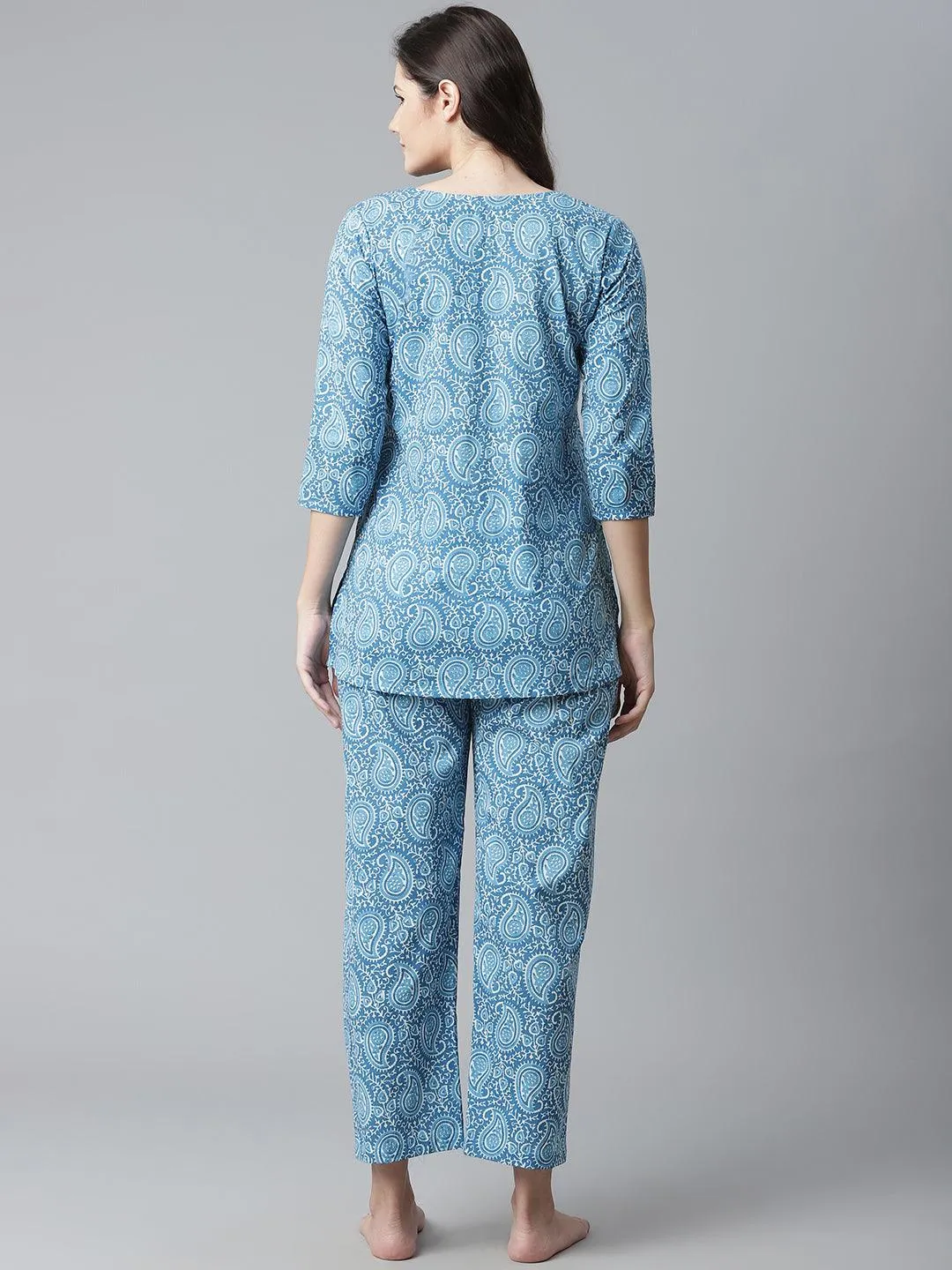 Divena  Blue Printed Cotton Nightwear