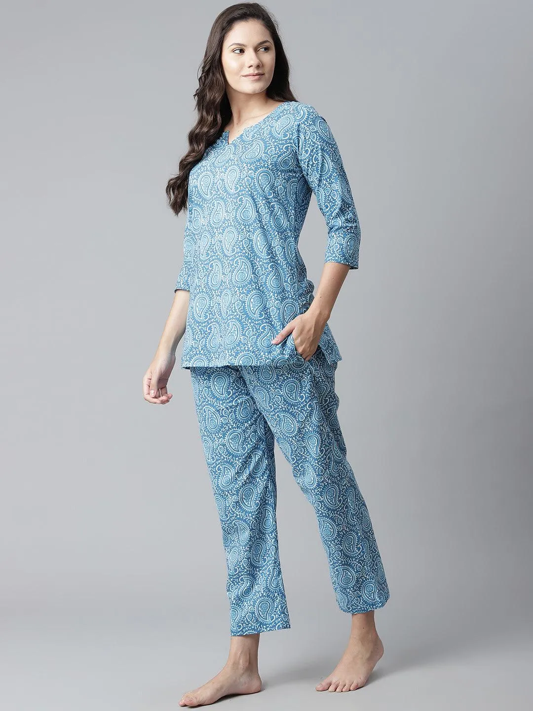 Divena  Blue Printed Cotton Nightwear