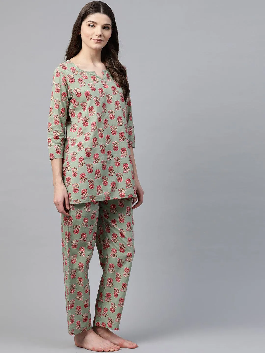 Divena Green Printed Loungewear /Nightwear