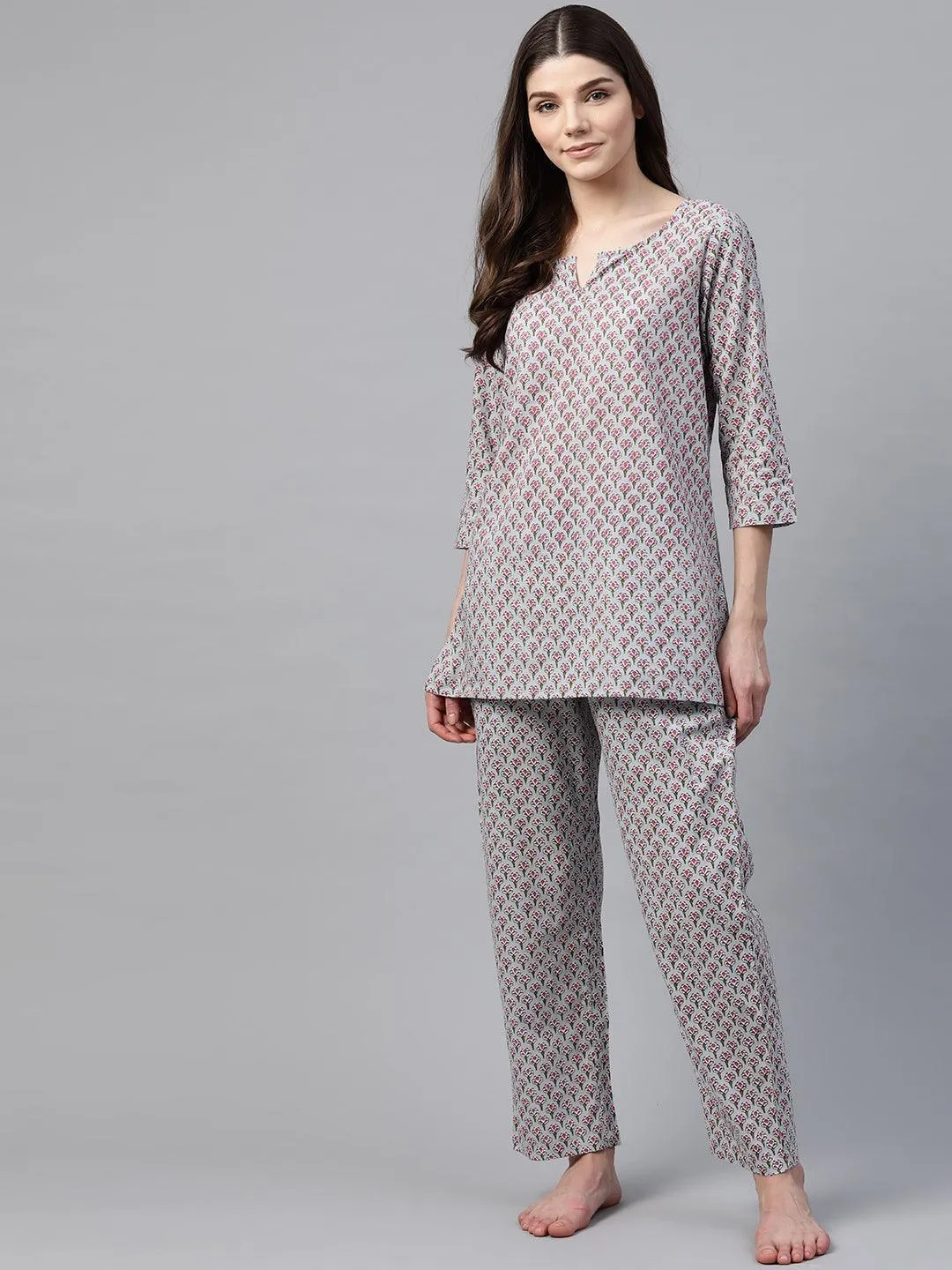 Divena Grey Printed Loungewear/Nightwear