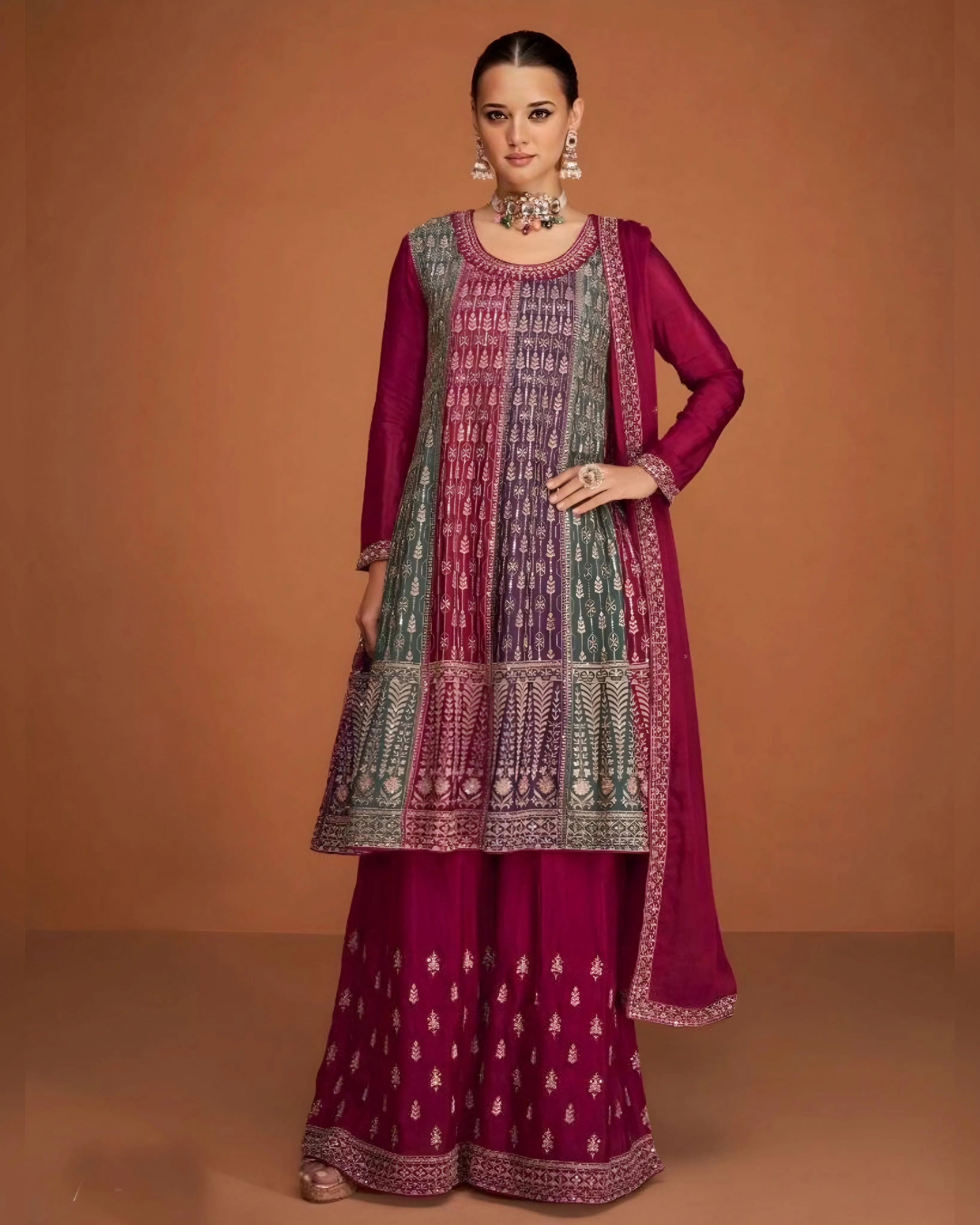 Embroidered Premium Chinon Silk Palazzo Suits