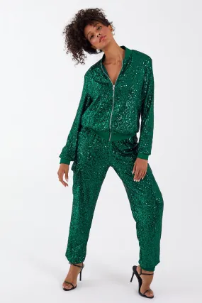 Emerald Green Sequin Jogger Cargo Set