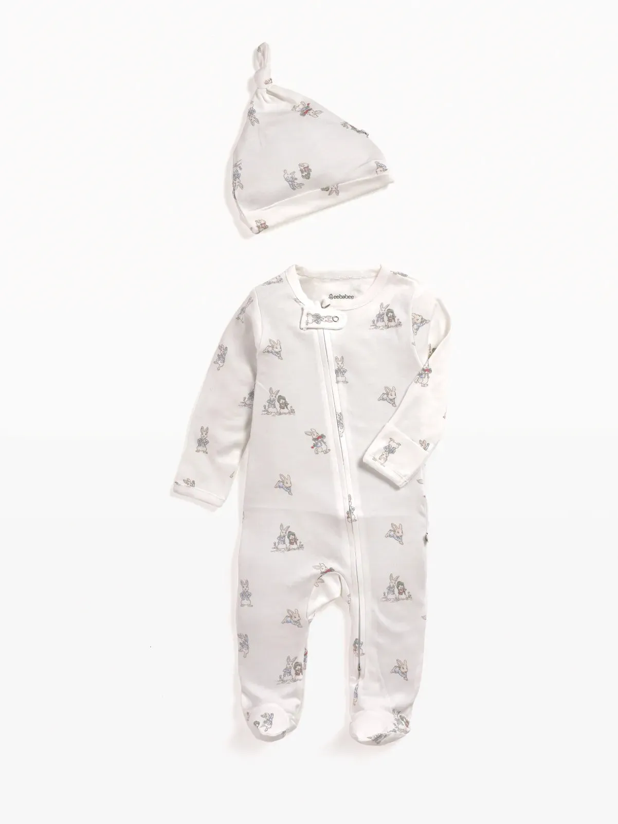 Full sleeve cute rabbit pattern in cream zipper sleepsuit with cap  for baby