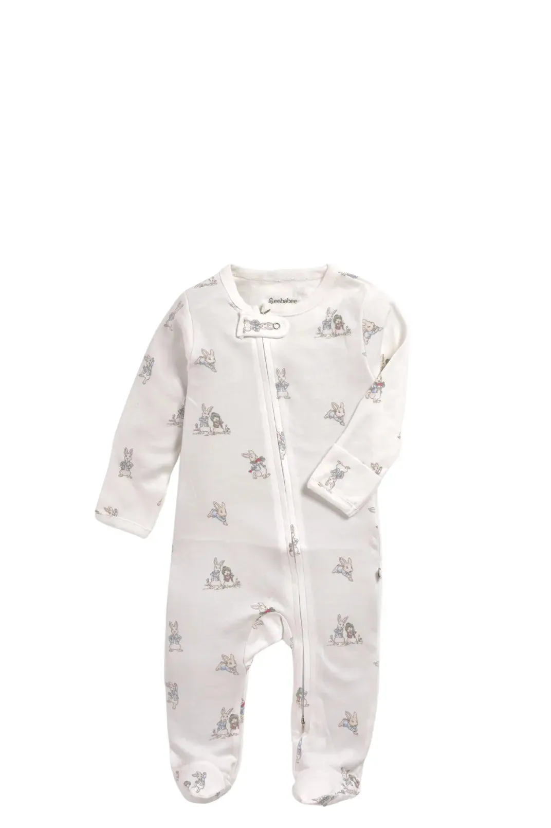 Full sleeve cute rabbit pattern in cream zipper sleepsuit with cap  for baby