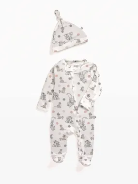 Full sleeve dotted & elephant pattern in cream zipper sleepsuit with cap  for baby