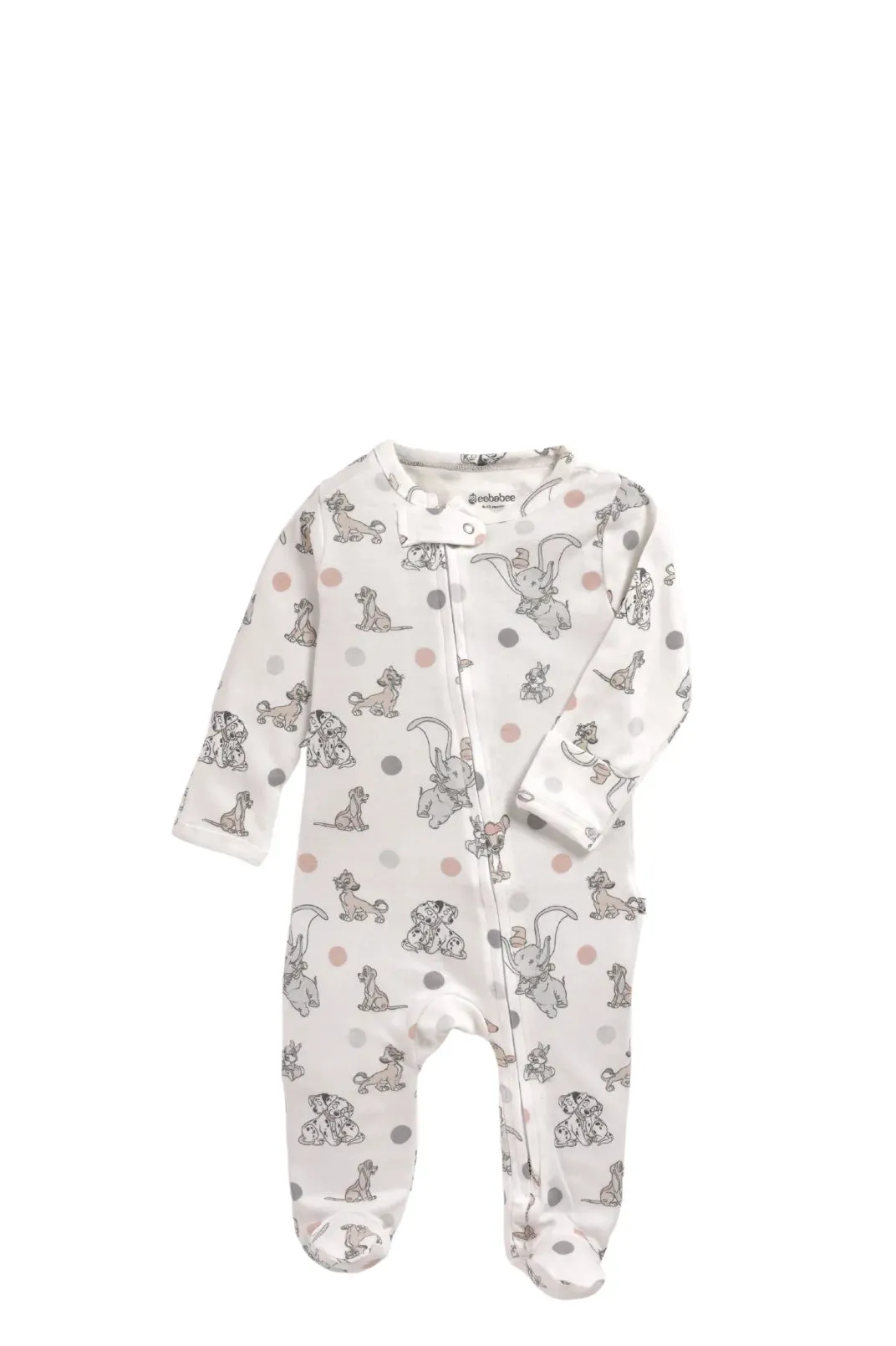 Full sleeve dotted & elephant pattern in cream zipper sleepsuit with cap  for baby