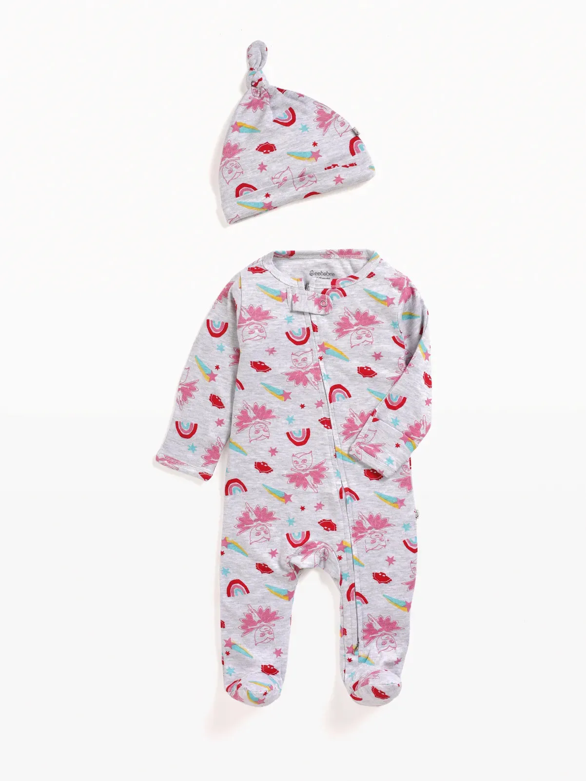 Full sleeve greyish violet & rainbow patterns zipper sleepsuit with cap for baby