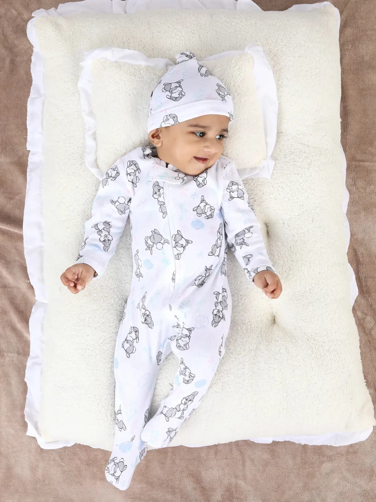 Full sleeve pure white & grey rabbit pattern zipper sleepsuit with cap  for baby