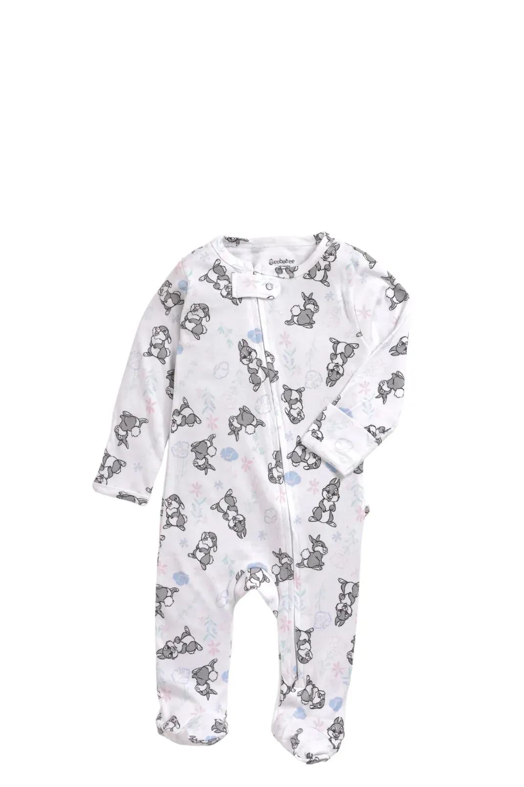 Full sleeve pure white & grey rabbit pattern zipper sleepsuit with cap  for baby