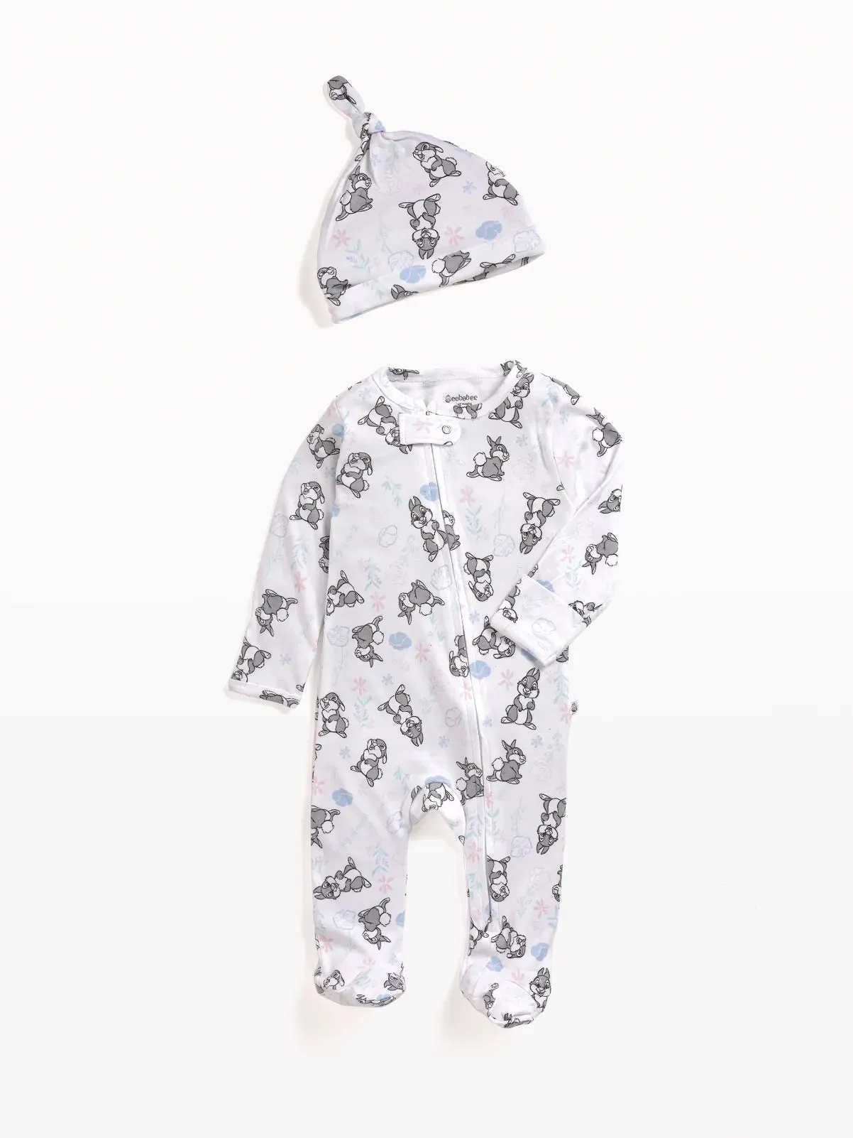 Full sleeve pure white & grey rabbit pattern zipper sleepsuit with cap  for baby