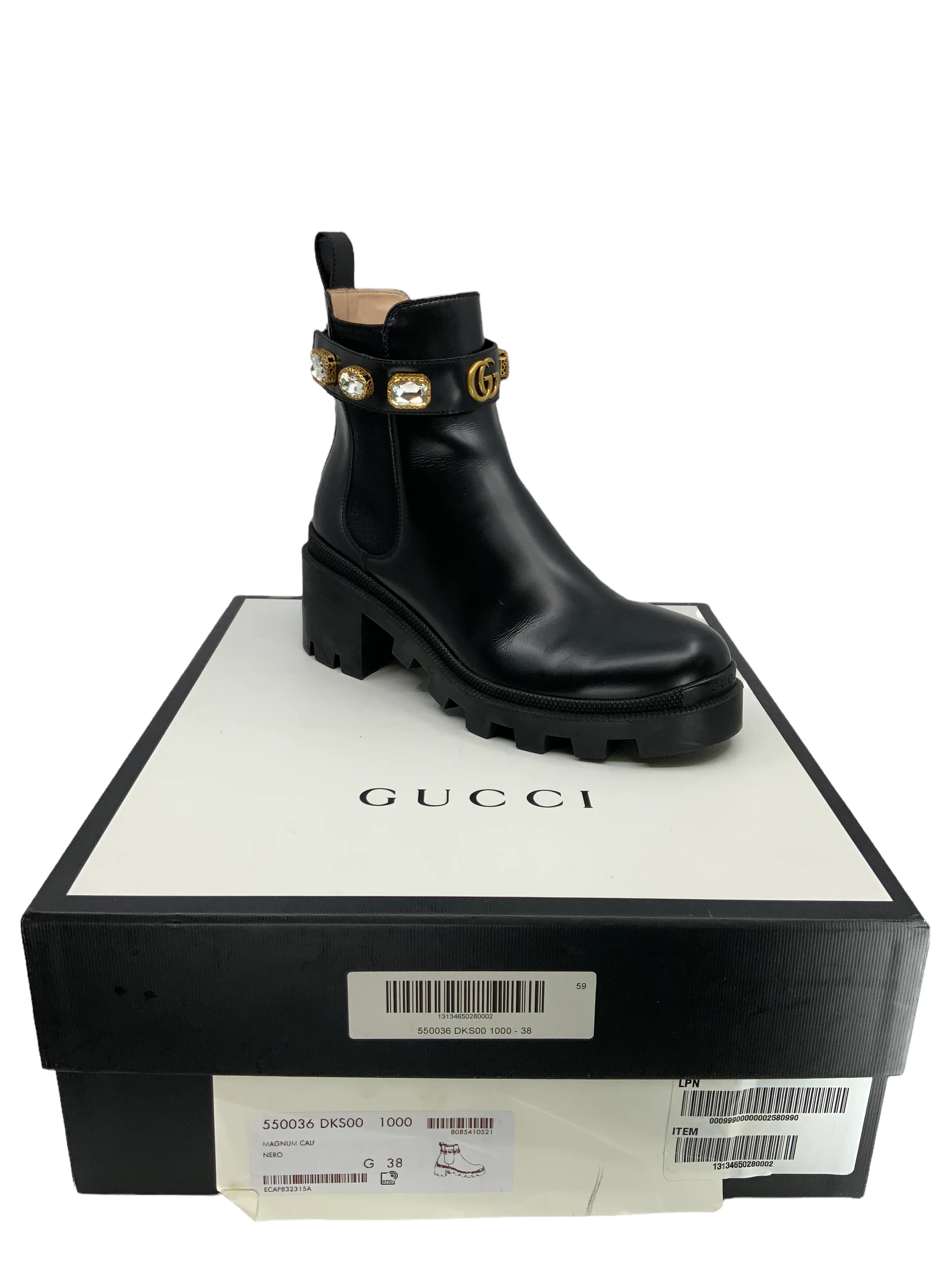 Gucci GG Logo Jewel Trip Strap Chelsea Boots Size 8