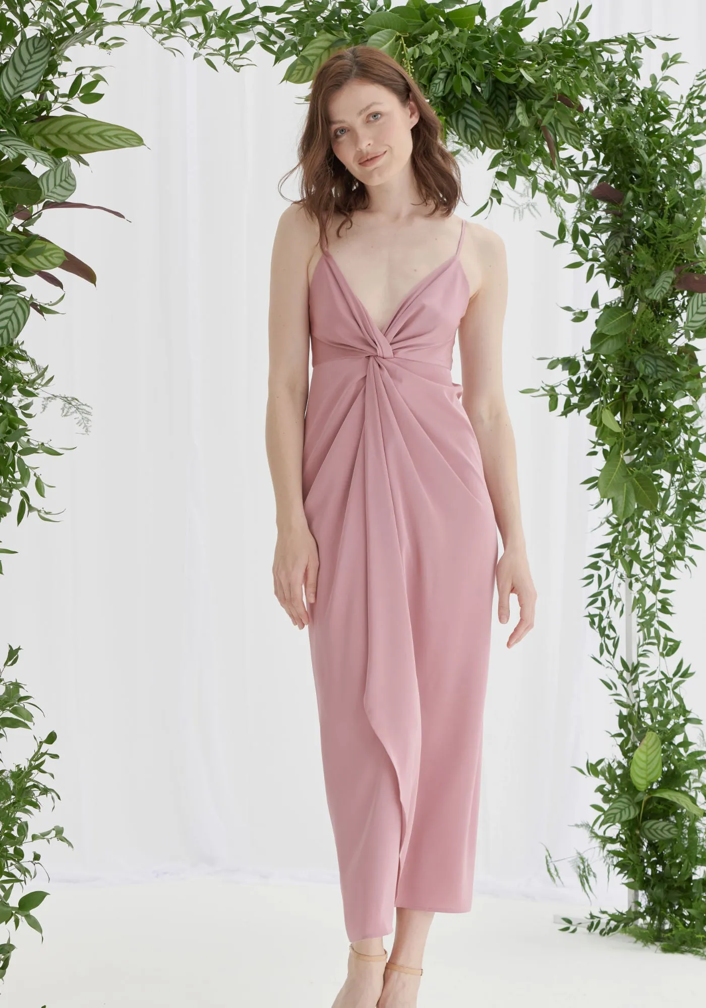 Dusky Pink Janette Twist Front Satin Midi Dress - Elegant Evening Wear for Women