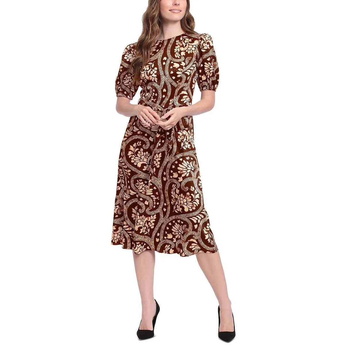 London Times Womens Petites Knee Length Puff Sleeve Midi Dress