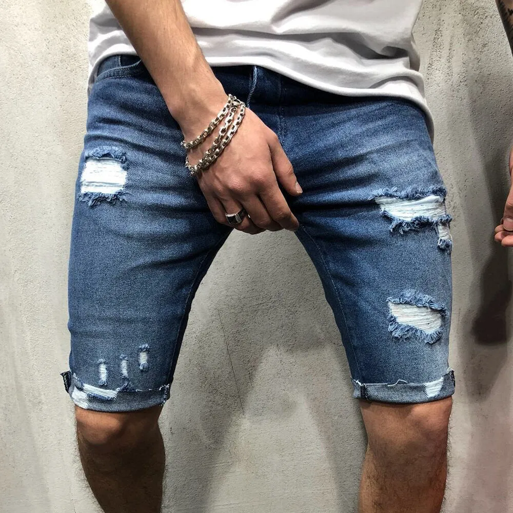 Men's Straight Denim Shorts Slim Comfortable Soft Casual Jeans with Hole Outdoor Camping Hiking