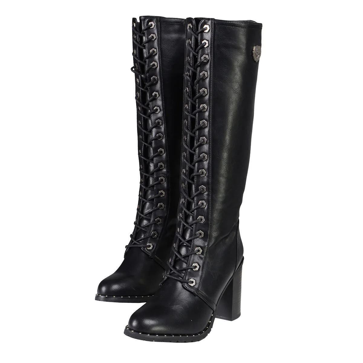 Milwaukee Leather MBL9442 Women's Black Lace-Up Tall Biker Fashion Boots with Platform Heel & Studs