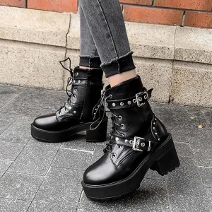 'Night Fall' Black Alt Goth Lace up Stud Buckle Boots