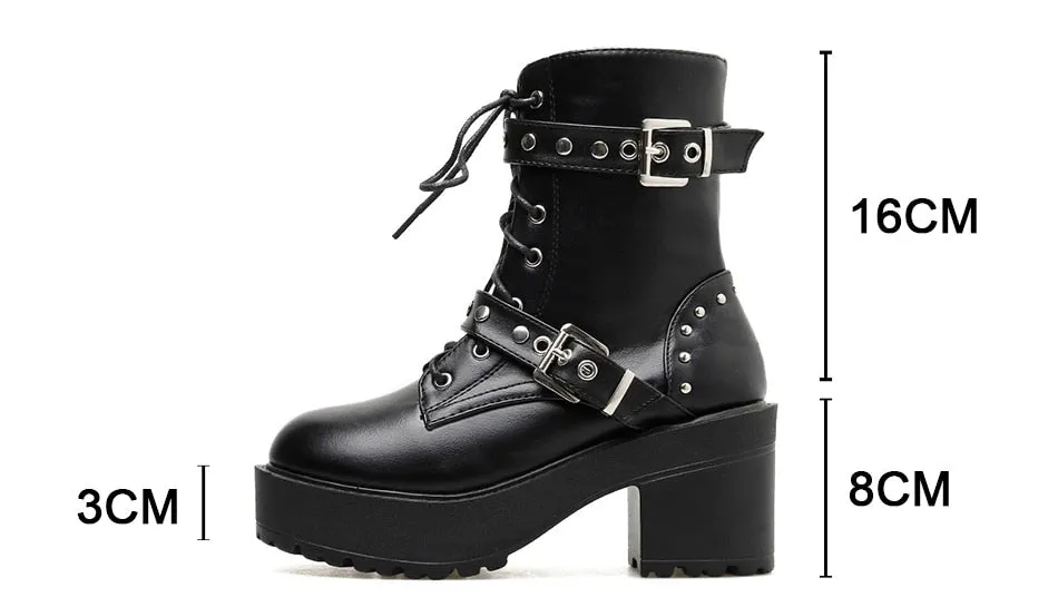 'Night Fall' Black Alt Goth Lace up Stud Buckle Boots