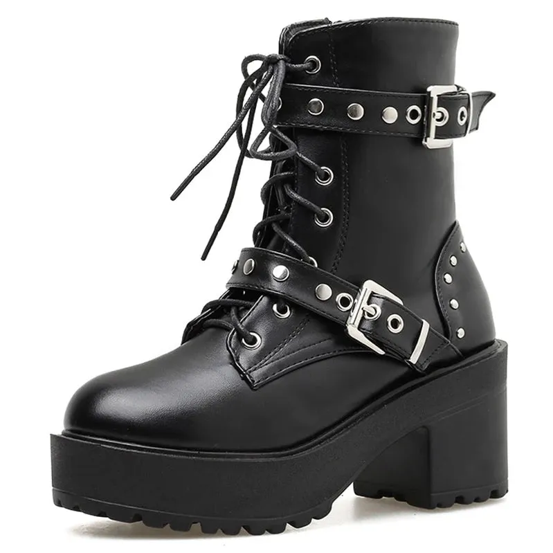 'Night Fall' Black Alt Goth Lace up Stud Buckle Boots