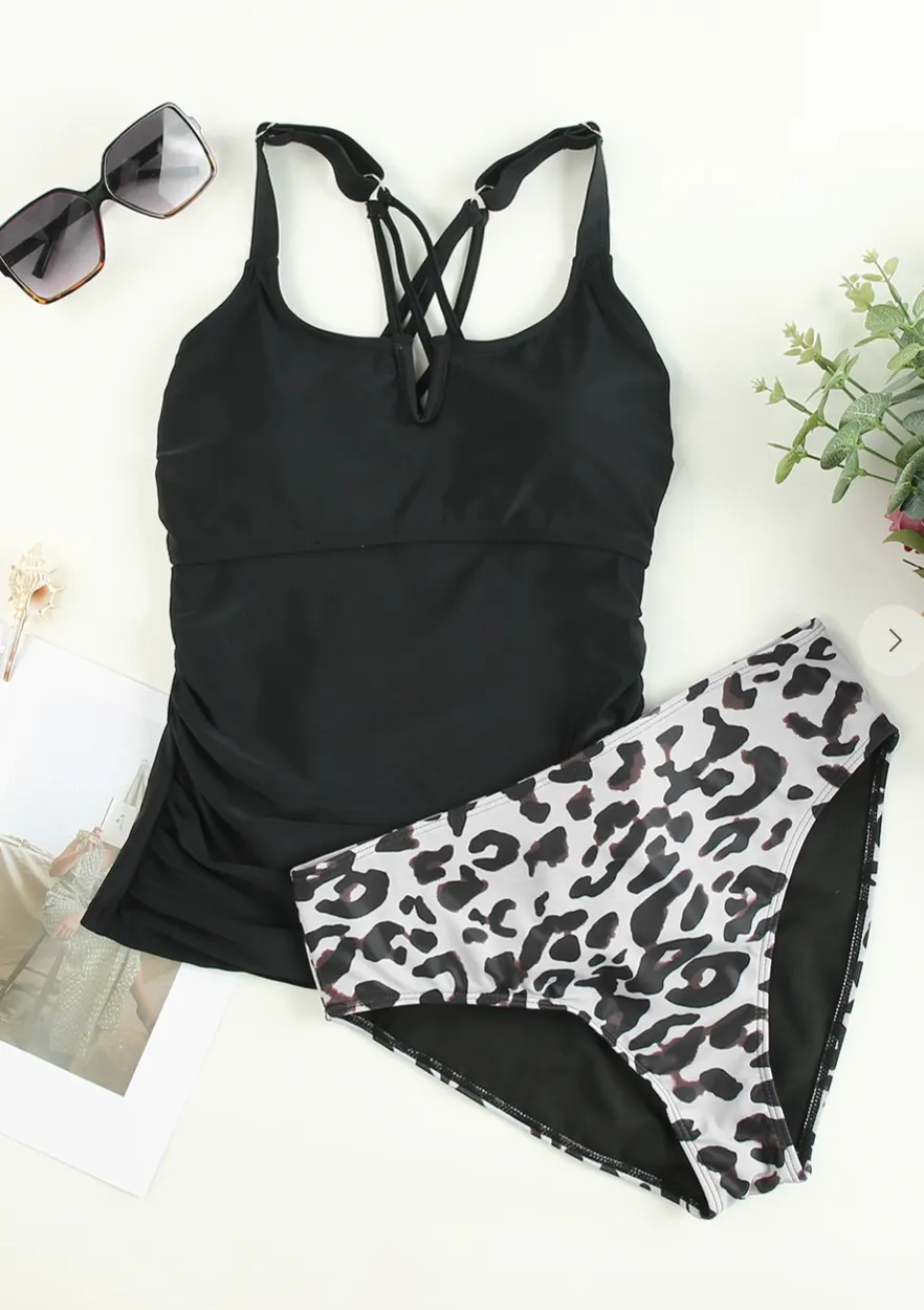 Notched Neck Leopard Tankini ( 2 piece )