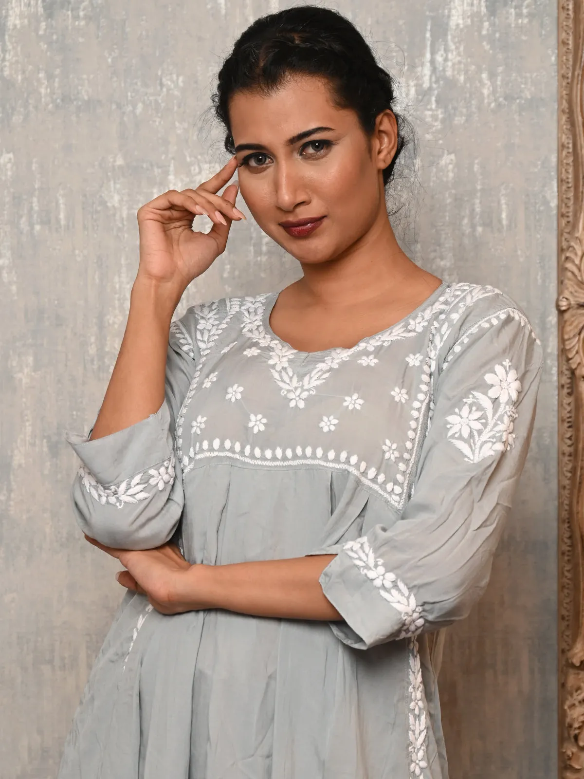 Odette Women Grey Viscose Chikankari Embroidered Stitched Kurta With Sharara Pant