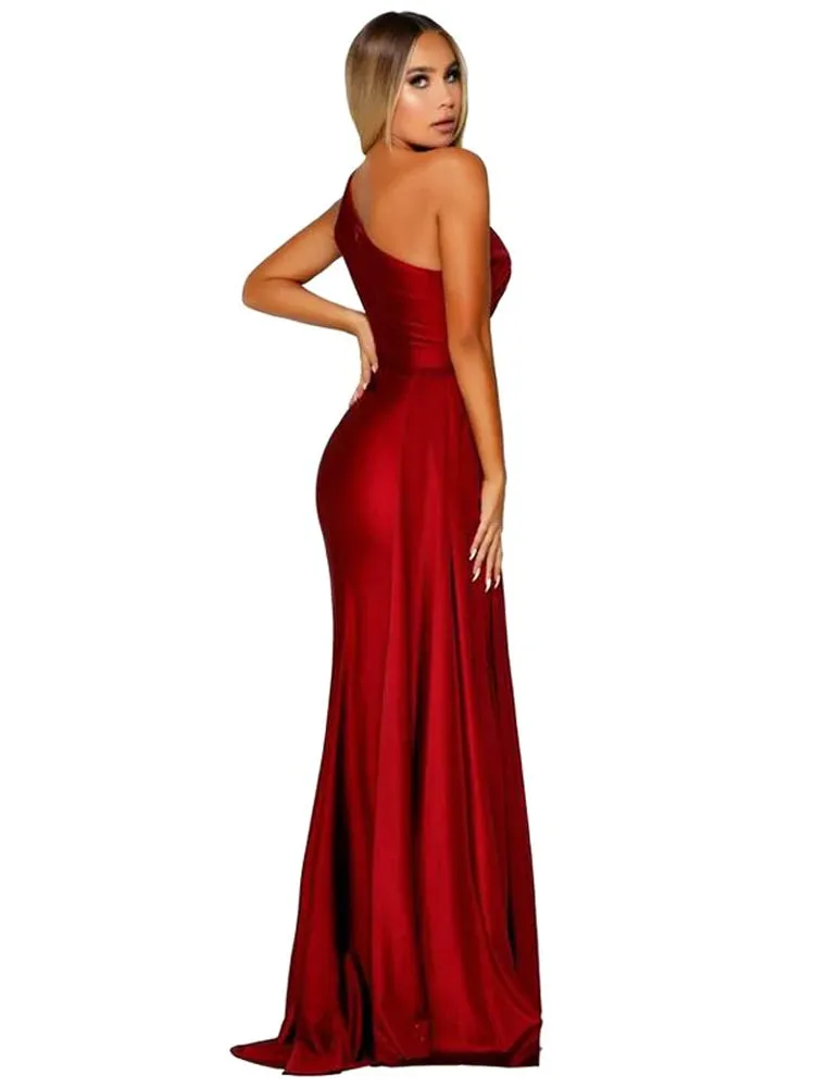 Prom Maxi Dresses Sexy Cut Out Stretch Satin Trains Prom Dress High Split Sleeveless Evening Night Bridesmaid Party Gown