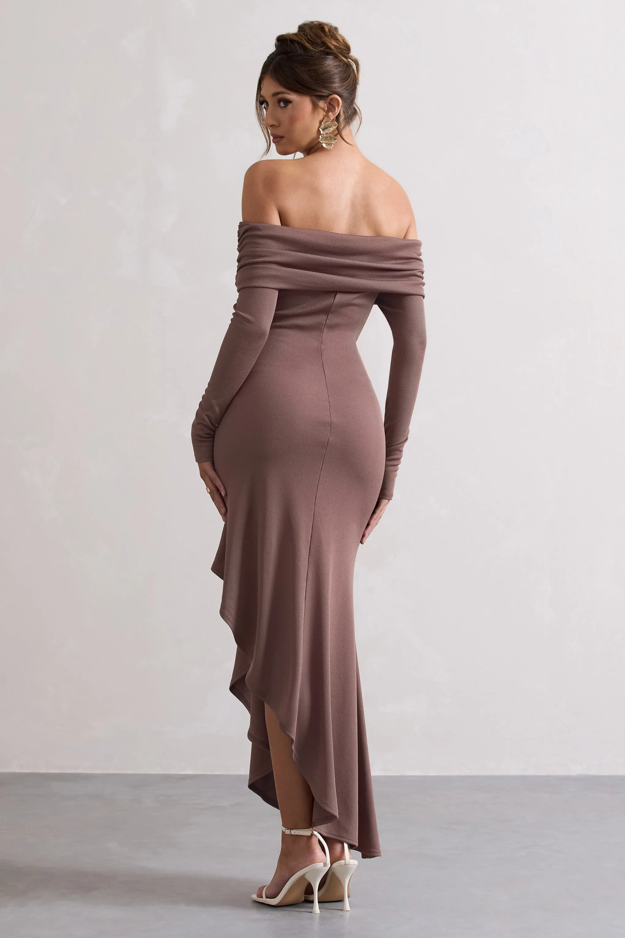 Romina | Mocha Rib Knit Bardot Maxi Dress With Asymmetric Hem