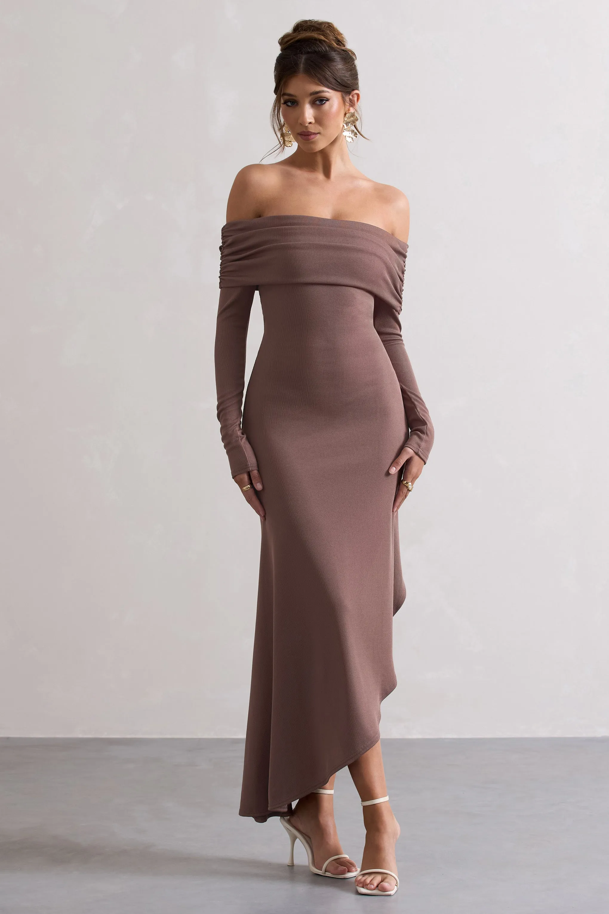 Romina | Mocha Rib Knit Bardot Maxi Dress With Asymmetric Hem