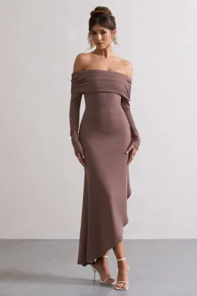 Romina | Mocha Rib Knit Bardot Maxi Dress With Asymmetric Hem