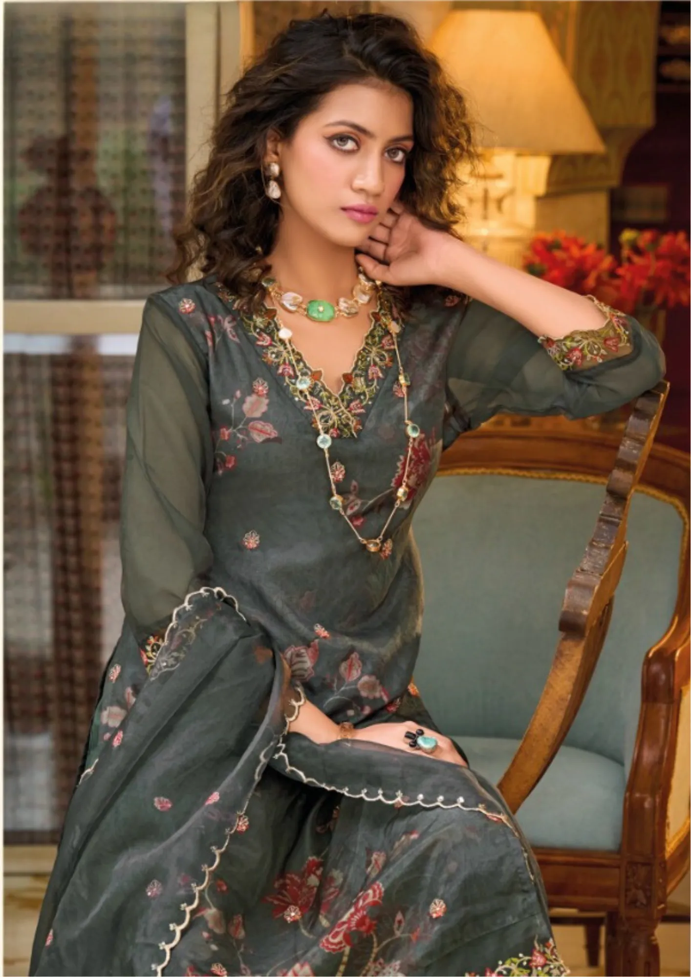 Stunning Grey Color Organza kurti with Viscose Printer Inner And Embroidery Dupatta