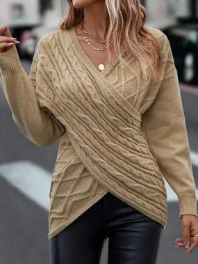 Stylish V-Neck Crochet Knit Pullover Sweater in Maillard Khaki